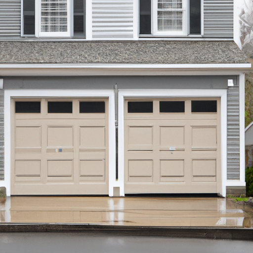 Suburban Hingham home with a newly installed two-car garage door, coastal New England setting, no people.