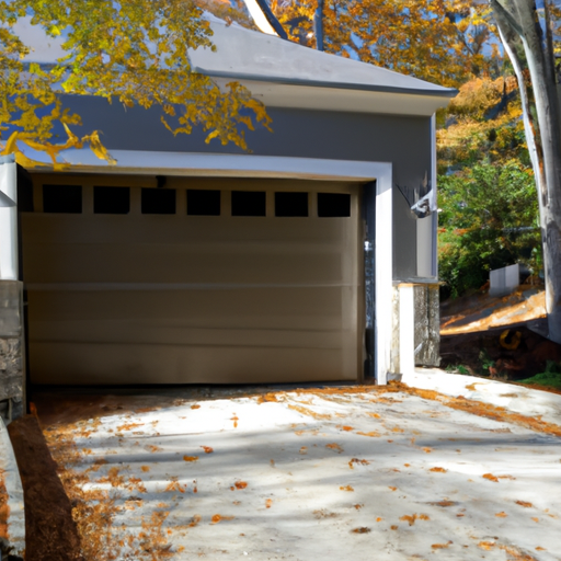 Suburban Hingham garage with a sectional door partially open, tracks and springs visible, autumn leaves on driveway.