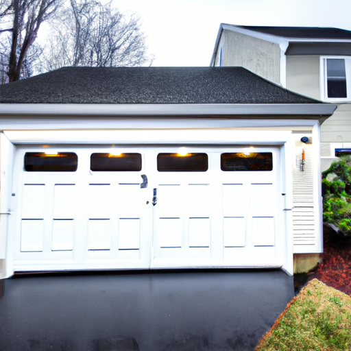 Suburban Hingham home exterior showing a full garage door, driveway, and coastal vegetation in soft overcast light.