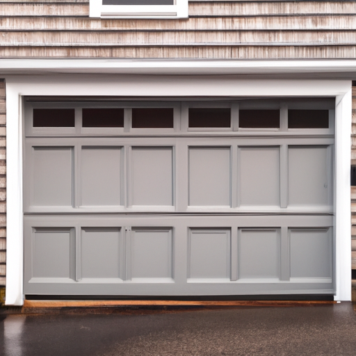 Coastal Hingham home with a weatherproofed sectional garage door, visible bottom seal and threshold on wet pavement.