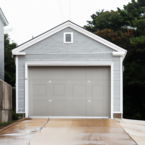 Coastal New England home in Hingham with a visible steel-panel garage door and mild weathering on trim.