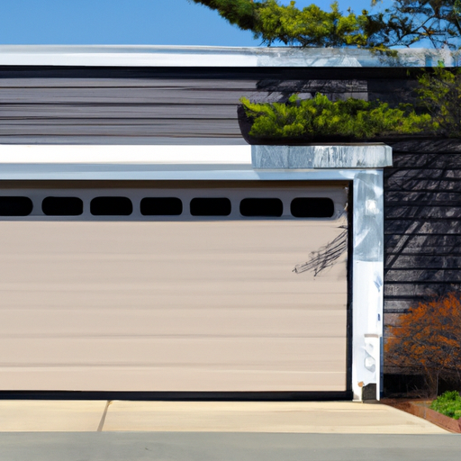Exterior view of a closed sectional garage door on a suburban home in Hingham, MA; door, tracks, and driveway visible.