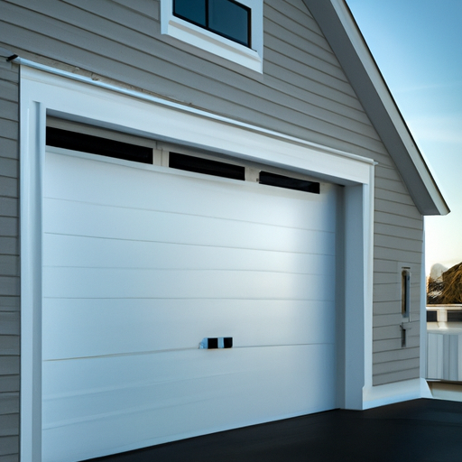 Contemporary garage door with a wall-mounted smart garage keypad in a coastal New England setting near Hingham, MA.