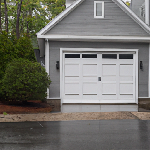 Closed modern steel-panel garage door on a Hingham, MA suburban home with wet driveway and coastal-style siding