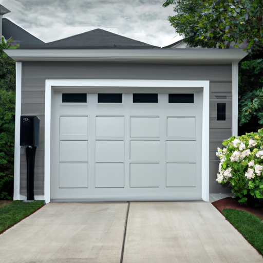 Insulated steel garage door on a Hingham, MA home with a visible smart keypad and hub, driveway and coastal shrubs.