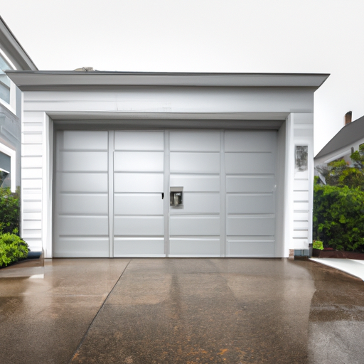 Modern Hingham home exterior with a smart garage door, visible sensor and coastal weathering on metal trim.