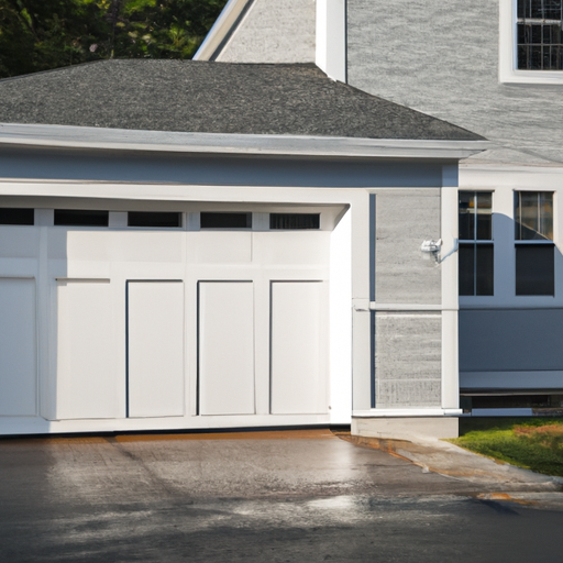 Suburban Hingham home with a modern sectional garage door closing on a wet morning, Cape Cod style house and driveway visible
