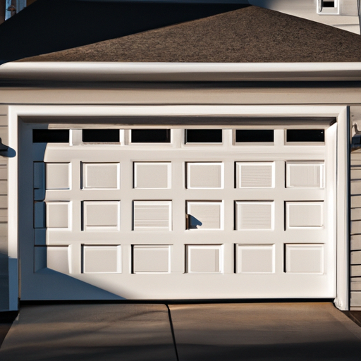 Insulated sectional garage door with new bottom seal and weatherstripping on a Hingham, MA home in late afternoon light.