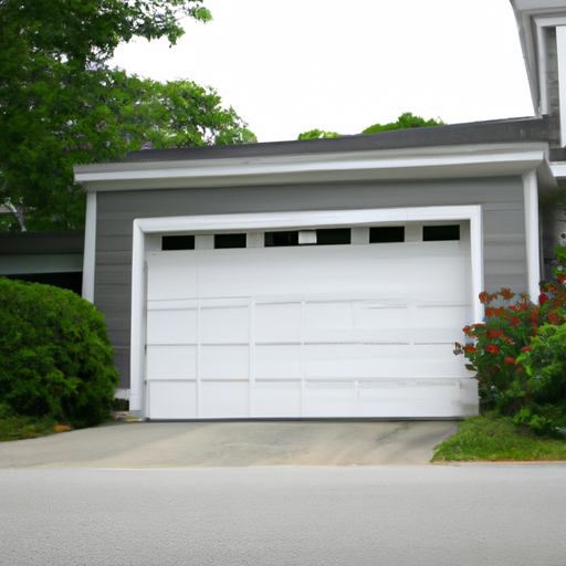 Wide editorial view of a modern residential garage door on a Hingham, MA home with driveway and overcast sky.