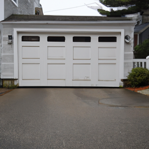Suburban Hingham driveway with a visible residential garage door on a coastal-style home, overcast sky.