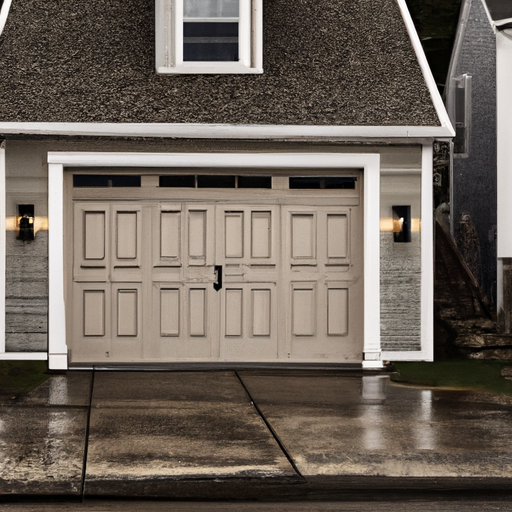 Clapboard Hingham home with a paneled garage door and wet driveway after light rain, coastal light.
